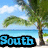Pixelated beach scene with palm tree, blue sky, and ocean; text overlays read "South," "Padre," and "2008" in cyan block letters.