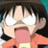 Pixelated anime-style character with dark hair, wide white eyes, and open mouth in orange top against teal background.