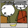 Pixelated cartoon with two characters, one holding a banana, text about legs on the banana