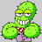 Green cactus-like character with yellow eyes, red-and-white checkered bow tie, and purple pants in six sequential poses showing eye movement.