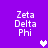 Purple background with white text 'Zeta Delta Phi' and pixelated heart symbols in different positions.