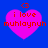 Four identical pink hearts on blue background with red text 'i love muhlaynuh' and small red '<3' symbol above each heart.