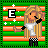Pixel art of a blonde character with closed eyes, white shirt, black checkered pants, and black arm sleeves against green-orange striped background with white stars.