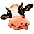 Pixelated cow head with black-and-white patches and pink nose on white background, paired with yellow text on purple and gray