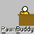 Animated pixel art of a yellow figure behind a brown counter with white circular head, performing actions like waving, holding objects, and displaying text.