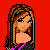 Pixelated character with long brown hair, black crop top, blue jeans, and checkered arm sleeves against red background.