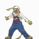 Animated sequence of a cartoon animal character in blue overalls with a red heart emblem, white shirt, and white cap performing various dynamic poses against a white background.