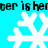 Pixelated white snowflakes on cyan background with repeated black text 'ter is hemer is her' in two horizontal bands.