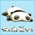 Pixelated panda lies on light blue background with four smaller versions below it, all in grayscale tones of white and dark gray.