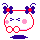 A 4-frame animated contact sheet of a pixel-art character with white oval head, pink cheeks, blue eyes, red bow-tie-like mouth, and purple butterfly antennae on top, showing subtle pose changes across frames.