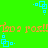 Green background with repeating orange text and blue square patterns in a