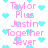Pixelated icon with pink text 'Taylor Plus Justin Together 4ever' repeated over white background, scattered cyan hearts.