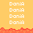 repeated 'Dania' text in white pixelated font on a yellow background, with red pixelated borders at top and bottom