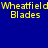 Blue background with yellow pixelated text reading "Wheatfield" and "Blades" in two , repeated twice