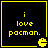 Four identical black square with yellow borders display 'i love pacman.' text and a Pac-Man icon, arranged in a