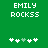 Green background with white pixelated text 'EMILY ROCKSS' and five plus signs below, where the third sign is light green.