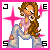 Pixel art of a female character with long brown hair, pink top, and blue pants sitting in a pose with pink starbursts on white background.