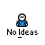 Pixelated character in blue shirt with white hair, multiple lightbulb thought bubbles, and 'No Ideas' text below on gray background.