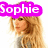 A pixelated image of a person with long blonde hair wearing a gray top, with a bright pink banner displaying 'Sophie' above the head.