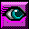 Pixel art animation of a single eye with cyan highlights and black eyelashes against a pink checkered background, showing sequential frame changes including tear formation and movement.