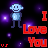 Pixelated blue robot with smiling face, arms raised, surrounded by red 'I Love You' text and purple sparkles on black background.