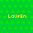Green background with repeating light green star pattern, yellow text "LaUrEn" in pixelated font, and a solid gray rectangle in bottom-right corner.