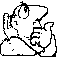 Pixelated cartoon character with large eyes and a wide mouth, shown in two side-by-side poses against gray background.