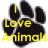 Four identical black paw print icons with 'I Love Animals' text in yellow, orange, cyan, and magenta colors arranged in a on white background