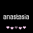 Pixelated text 'anastasia' in white with gray checkerboard pattern above pink and purple heart symbols on black background