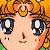 Pixelated close-up of a character's face with large blue eyes, orange hair, and a neutral expression against a blurred background.