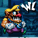 Pixel art of a character resembling Wario in yellow cap, blue shirt, purple pants, and green shoes against dark blue background with white 'W' text.