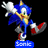 Pixelated blue hedgehog character with green eyes, yellow muzzle and gloves, red shoes, white accents, holding a golden ring, standing on black background.