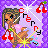 Pixel art contact sheet showing two animated frames of a cartoon doll with brown hair, pink dress, and cherry props against purple background with starbursts.