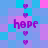 Pixelated icon with repeating 'hope' text and purple hearts on a blue-purple background