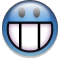 Blue circular face with two gray oval eyes and a wide open mouth showing three white teeth against a light purple background.