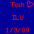 Red text and symbols on blue background with one frame showing a pink heart symbol replacing the 'h' in 'Tosh'.
