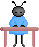 Pixelated character with black antennae and blue shirt stands behind pink table, showing sequential leg and arm position changes across three