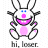 Pixelated bunny with pink nose and mouth, blue eyes, black outline on white background; green text 'Original Icons .com' on dark green below