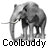 A 3x3 contact sheet of grayscale elephant animation frames with "Coolbuddy" text below each frame, showing subtle pose variations across sampled frames.