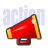 Red and yellow megaphone icon with pixelated background text reading 'action' in light blue.