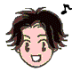 Pixelated cartoon face with brown hair and pink skin, smiling widely with open mouth; musical note shifts position from upper right to lower right.