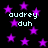 Black background with scattered purple stars and repeated light blue text reading 'audrey duh' in pixelated font.