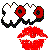 Pixelated icon featuring two red poppy-like flowers with black stems and green accents, connected by a curved line forming a heart shape above a large red mouth with white teeth.