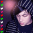 Pixelated image of a person with closed eyes and pink lips, wearing dark striped clothing against a gradient background with vertical colored symbols.