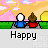 Pixel art scene with two figures holding hands on a path, pink mountains and yellow sky background, 'Happy' text below.