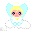 Pixelated angel with blonde hair, blue eyes, and light blue wings sits on a cloud wearing white clothing and a yellow necklace.