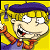 Pixelated cartoon character with blonde hair and purple beret holding a hammer on yellow background, next to green text reading "Original Icons .com" in pixel font.