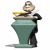 Animated sequence of a cartoon figure in black suit standing behind teal podium with golden top, holding purple object.