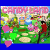 Animated 'CANDY LAND' scene with pink text, green grass, stone paths, and characters, featuring moving pink and green hearts.