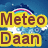 Pixelated icon with yellow text blocks reading 'Meteo Daan' over a blue background featuring a rainbow and star.